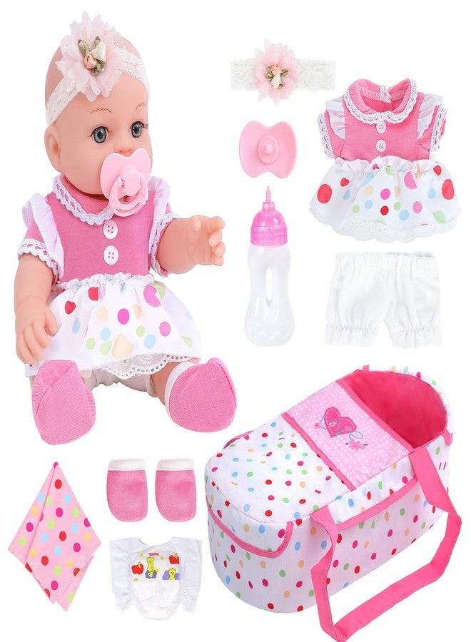 DONTNO 12 Inch Baby Doll with Bassinet Bed,Reborn Alive Doll Includes Clothes and Accessories,Bottles,Nipple,Diaper,Burp Cloth,First Baby Dolls for Toddlers 36 Months and Up - Image 1